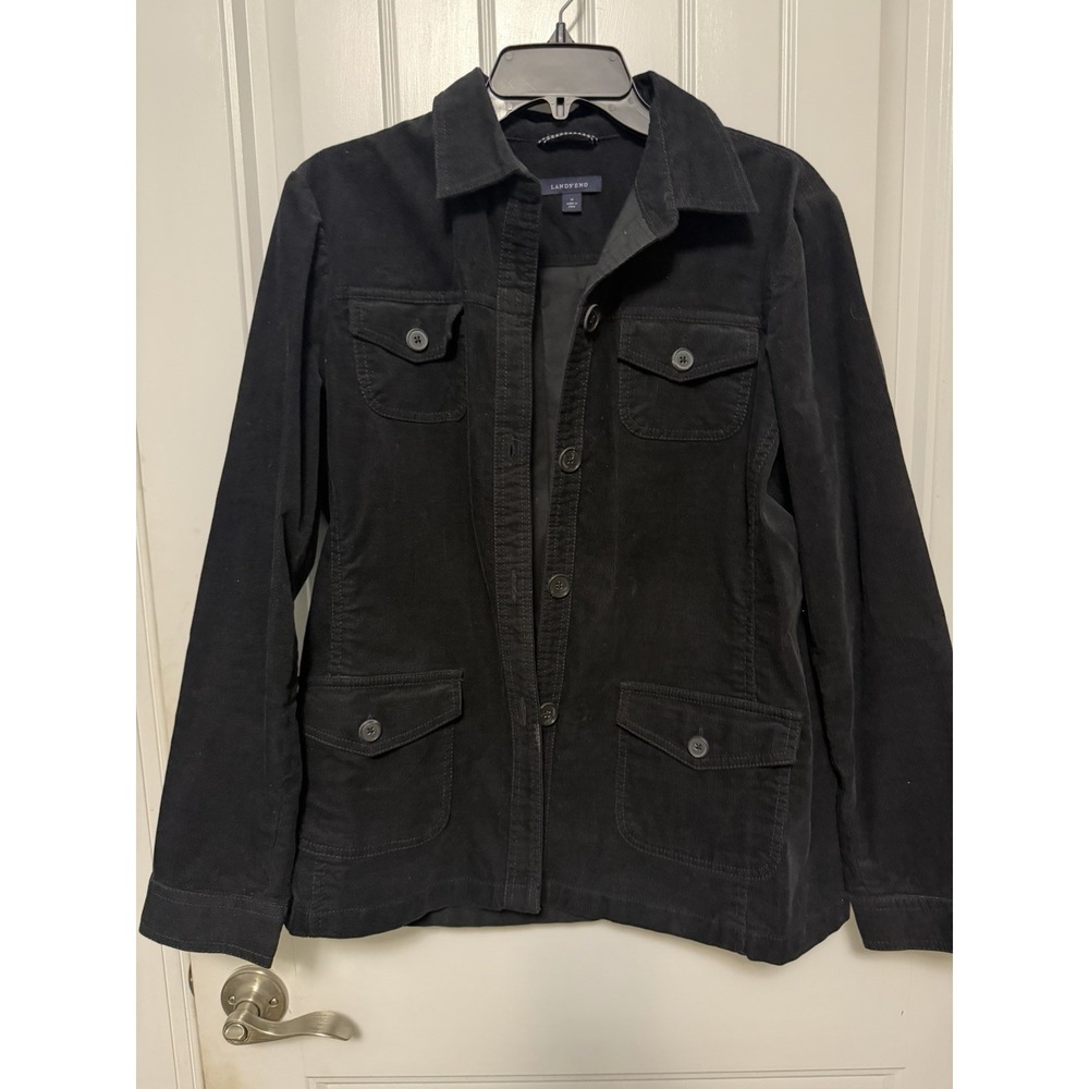 LANDS' END Women's Stretch Corduroy Button Up Flap Pocket Jacket Black Size 14